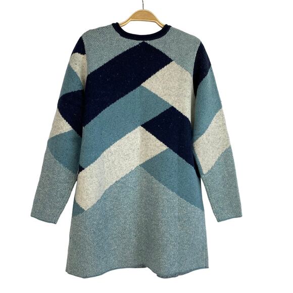 Denim & Co. Colorblock Long Cardigan Sweater Women S Blue Geometric Preppy NEW - Picture 2 of 7